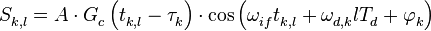 S_{k,l}^{{}}=A\cdot G_{c}^{{}}\left( t_{k,l}^{{}}-\tau _{k}^{{}} \right)\cdot \cos \left( \omega _{if}^{{}}t_{k,l}^{{}}+\omega _{d,k}^{{}}lT_{d}^{{}}+\varphi _{k}^{{}} \right)